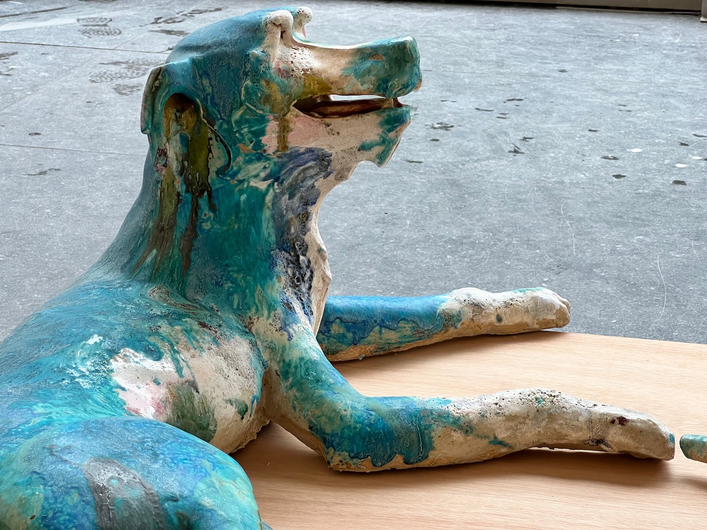 DOG MAN DOG stoneware statue posture by Michel Elands